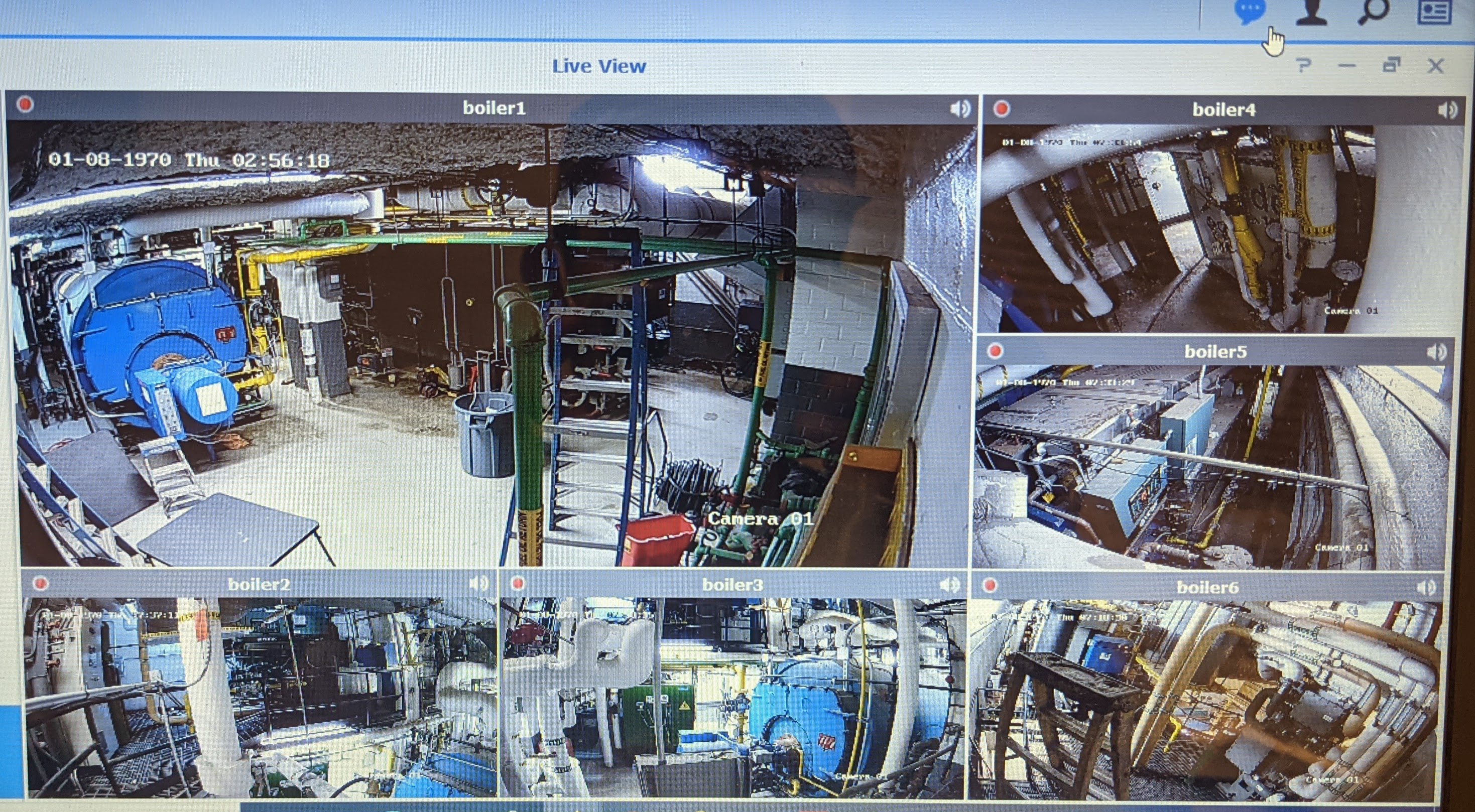 NVR live view software displaying six boiler room security camera feeds at once